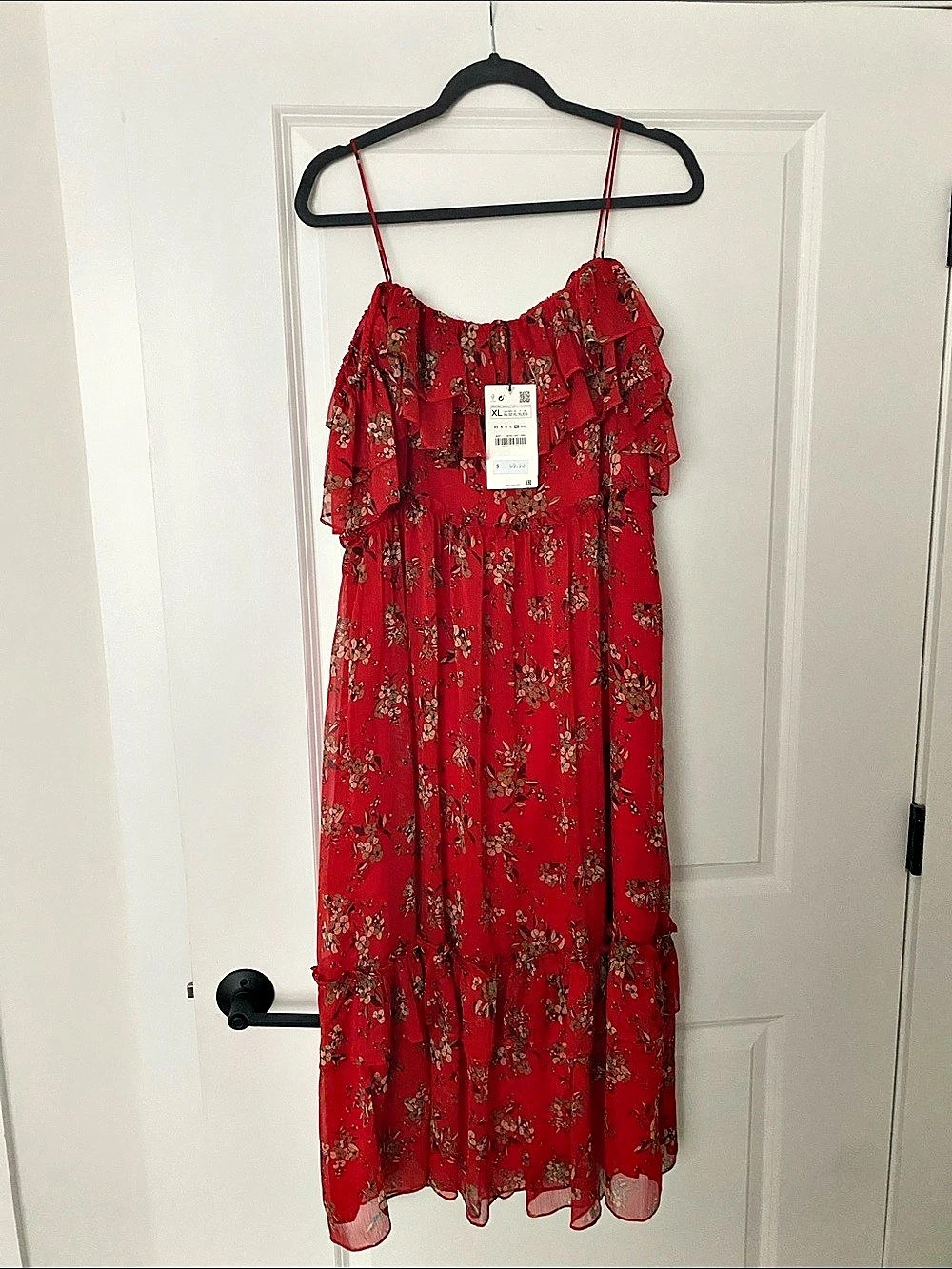 NWT Zara Red Floral Print Ruffle Midi Dress in Red Size XL